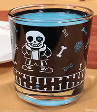 a picture of a glass cup with sans on it. sans's glowijng eye is translucent, so that the blue lemonade can make it seem blue.